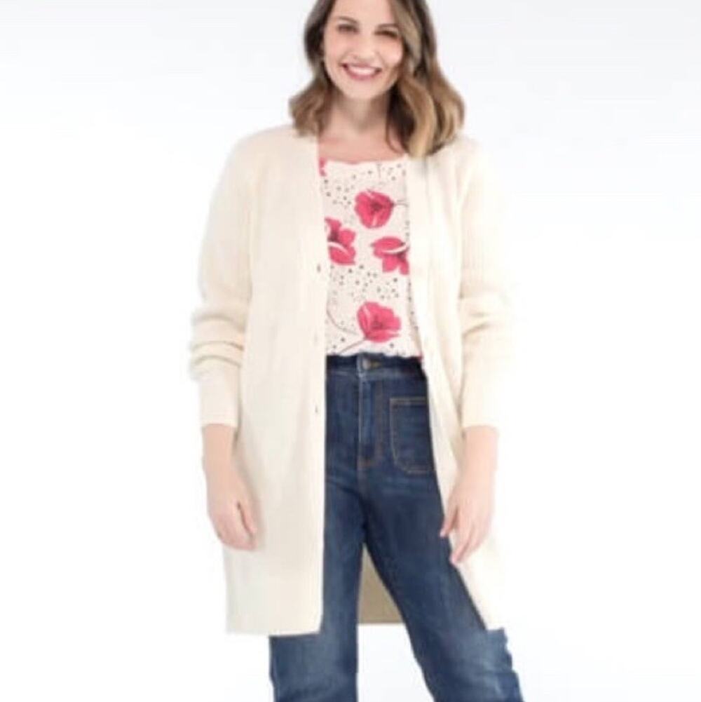 Cabi Book Club Cardigan V-Neck Button Front Longline Sweater Large Ivory 4099